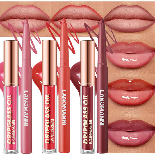 6pcs Hydrating Lip Oils + Lip Liner Pencil Lip Combo Sets, 24H Long-Lasting Lip Kit with Lip Liner and Gloss, Nourishing, Non-Sticky Tinted Stain Lip Gloss Plumping Lip Oil Set for Women(Set B)